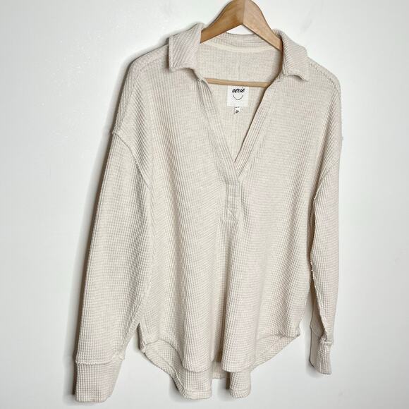 Aerie Womens Waffle Knit Pullover Sweater XS Beige Neutral Loungewear Cozy - Picture 3 of 10